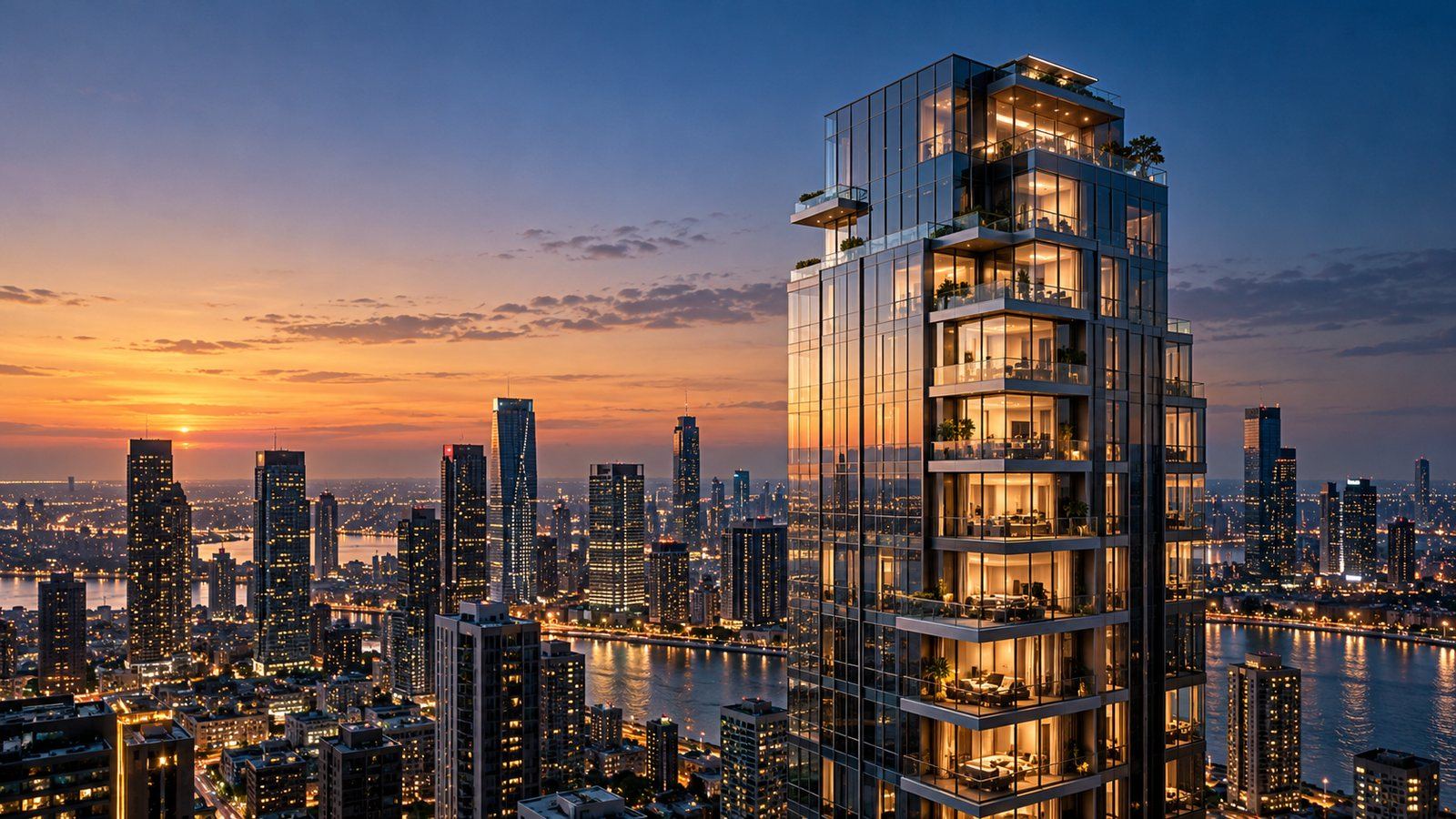 Moderne skyline bij valavond