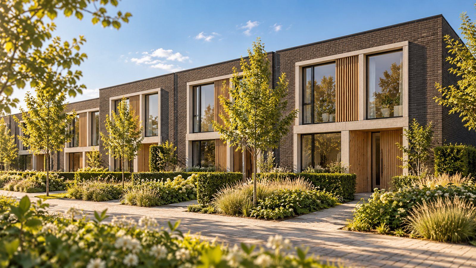 Rijwoningen in de ochtendzon