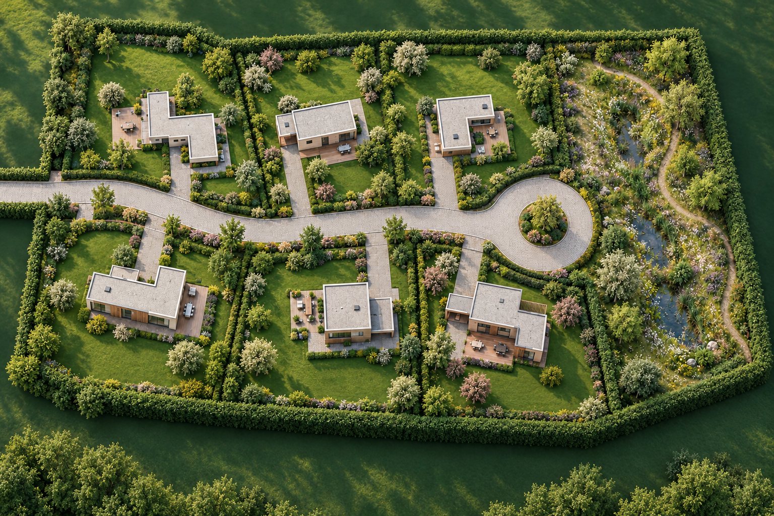 Luchtbeeld van een verkaveling met zes loten rond een pleintje, met een collectieve groenzone